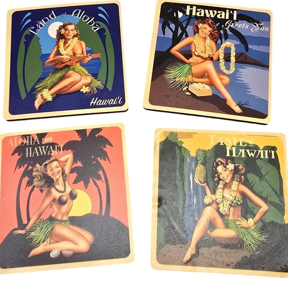 Hawaiian 4 pack Coasters VTG Coconut, Pineapple, Garry‎ Palm Poster Girl